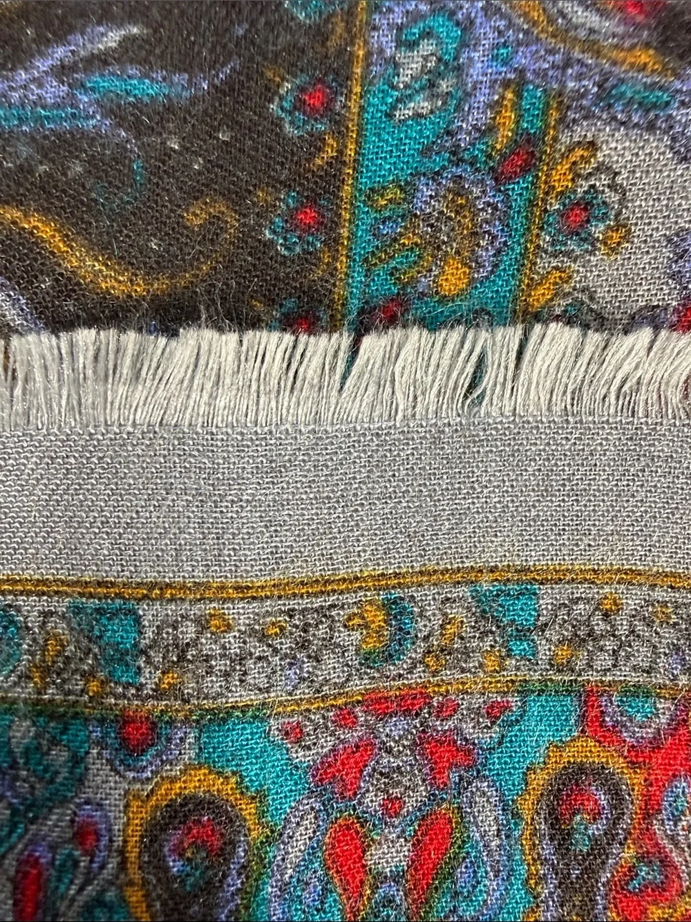 Square gray scarf with colorful paisley traditional print